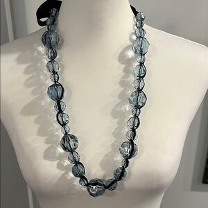 LOFT Faceted Smoke-Gray Bead Necklace with Black Ribbon